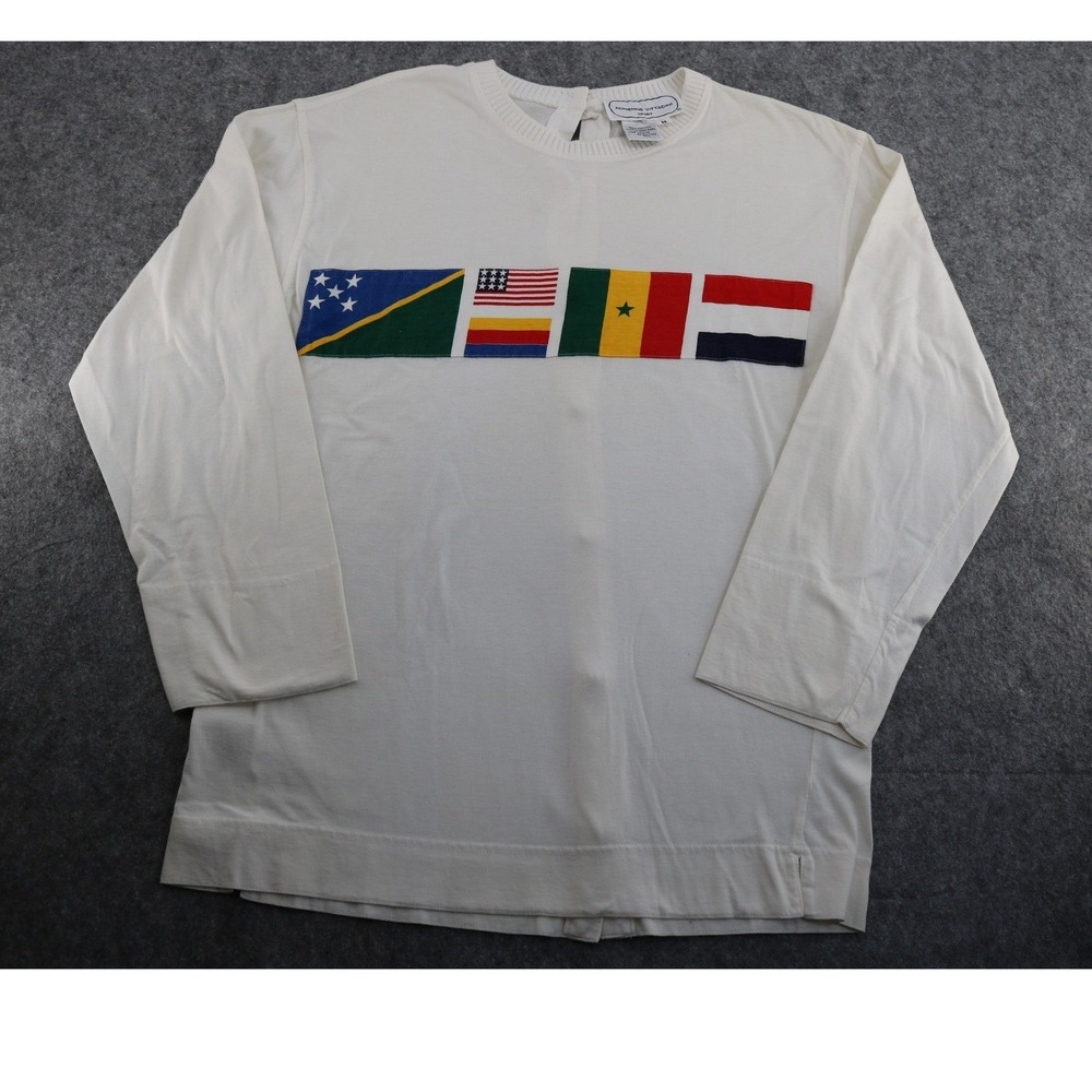 Adrienne Vittadini VTG Sport White Flag Graphic Button Gold Tone Back M